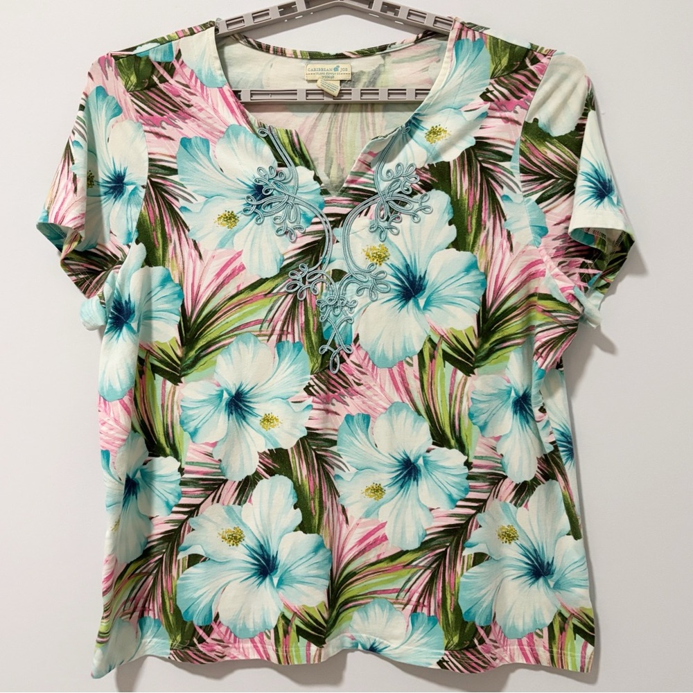 Caribbean‎ Joe Tropical Floral Tee Womens Size 2X V-neck Vacation Beach Cruise